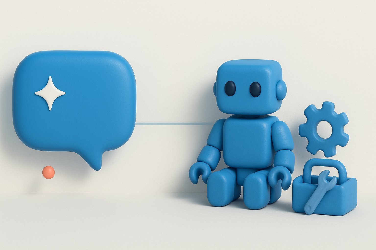 Illustration : une bulle de chat pour discuter avec une IA et un robot avec boite a outils pour creer son chatbot