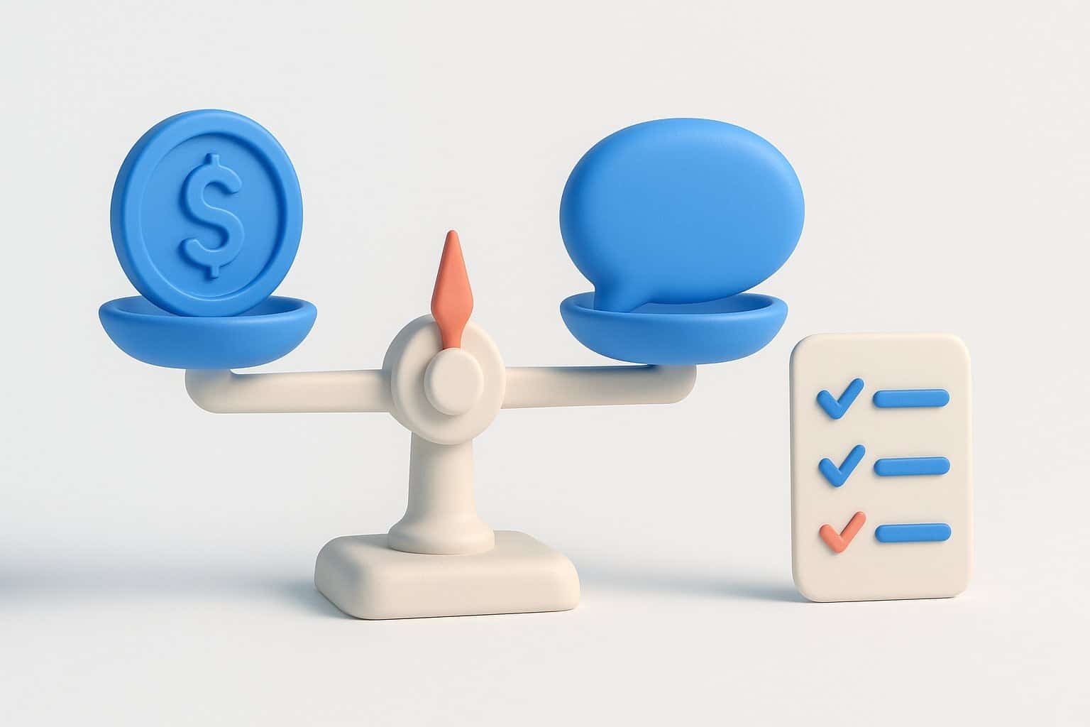 Illustration : une balance comparant le prix et une bulle de chat, a cote d'une checklist