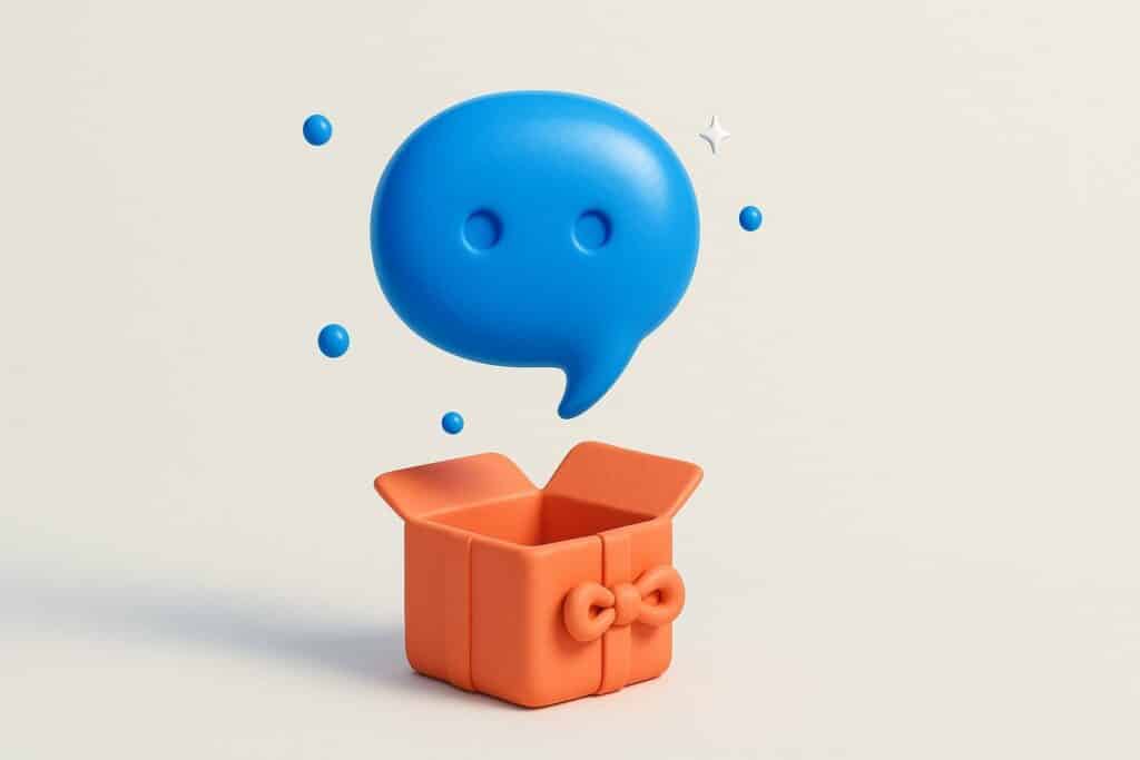 Illustration 3D d'une bulle de chat bleue sortant d'un cadeau, symbole du chatbot gratuit
