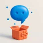 Illustration 3D d'une bulle de chat bleue sortant d'un cadeau, symbole du chatbot gratuit