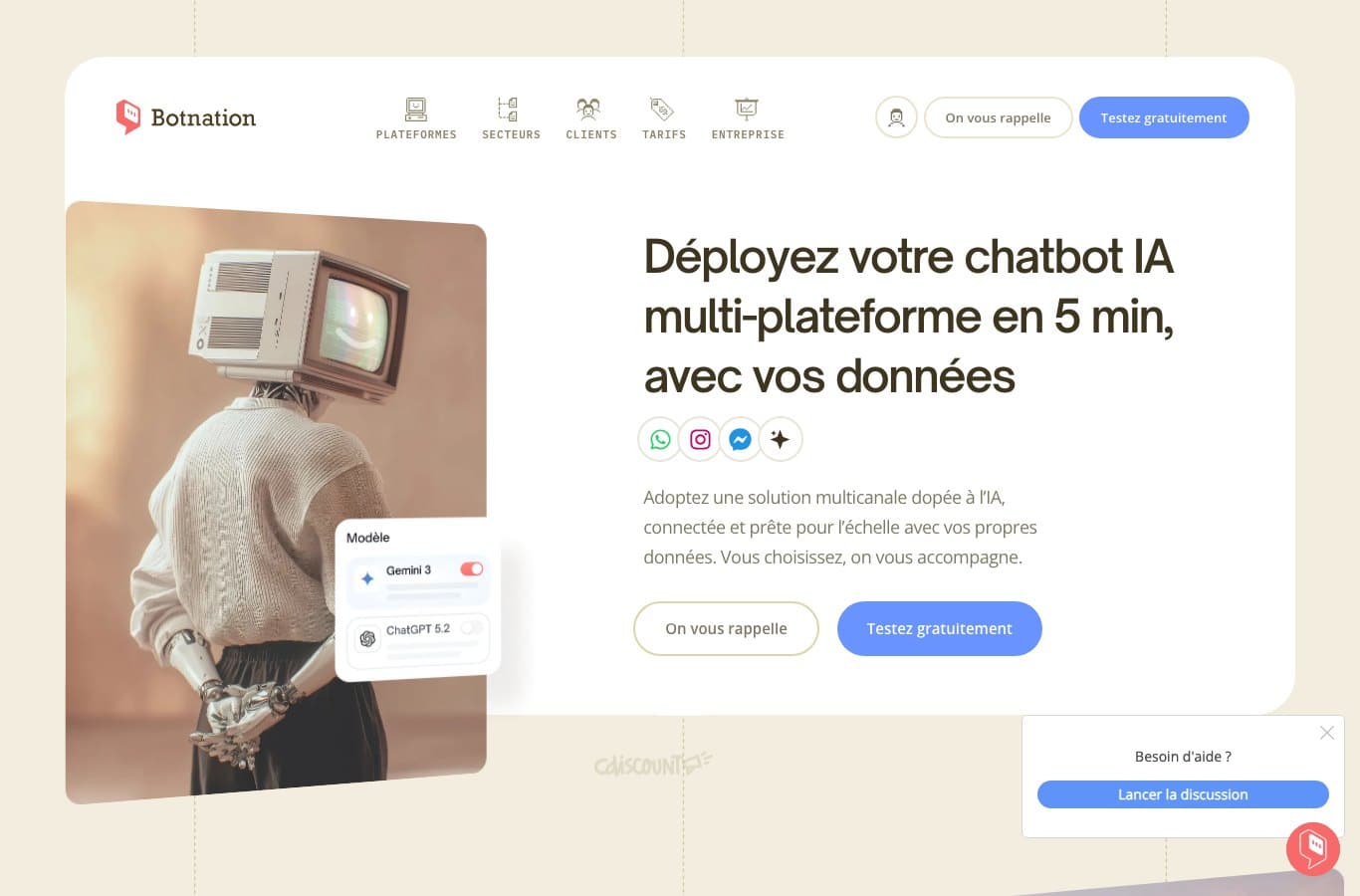 Capture d'ecran de la page d'accueil de Botnation AI, plateforme no-code pour creer un chatbot gratuitement