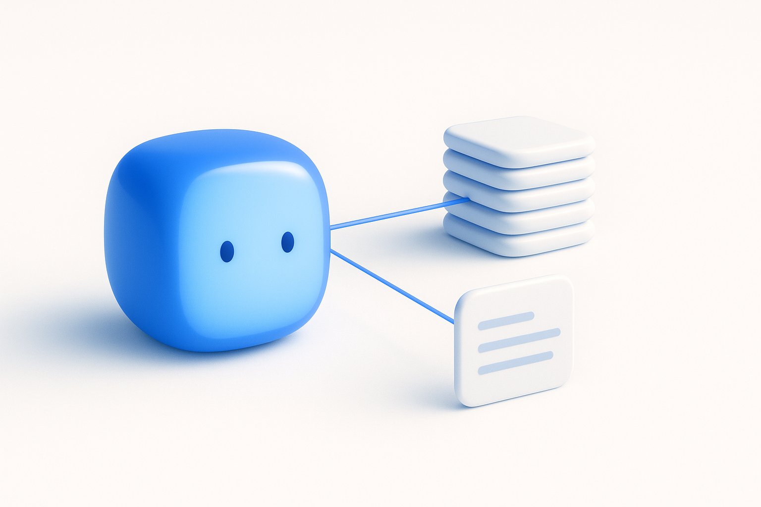 Illustration 3D d'un agent IA connecté à une base de connaissances et à un ticket de support, chatbot IA HubSpot Breeze