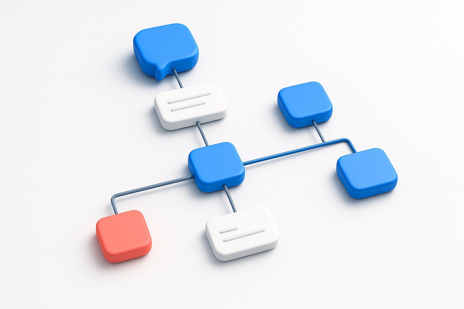 Illustration 3D d'un constructeur visuel de chatbot HubSpot avec des blocs reliés en arbre de décision