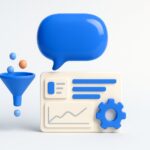 Illustration 3D d'un chatbot HubSpot avec bulle de conversation, tunnel de leads et tableau de bord CRM