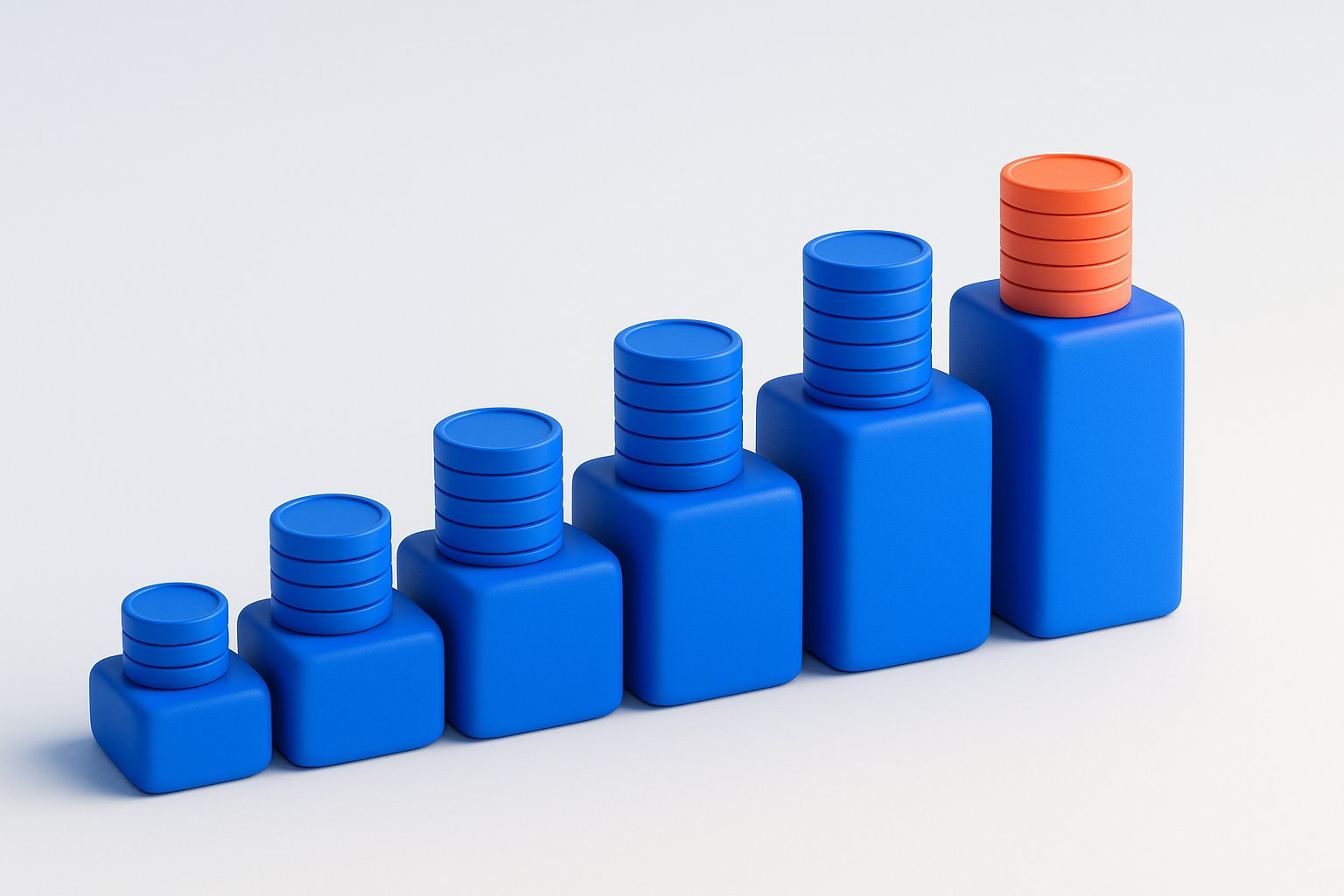 Illustration 3D de paliers de prix croissants du chatbot HubSpot, du plan gratuit au plan Entreprise