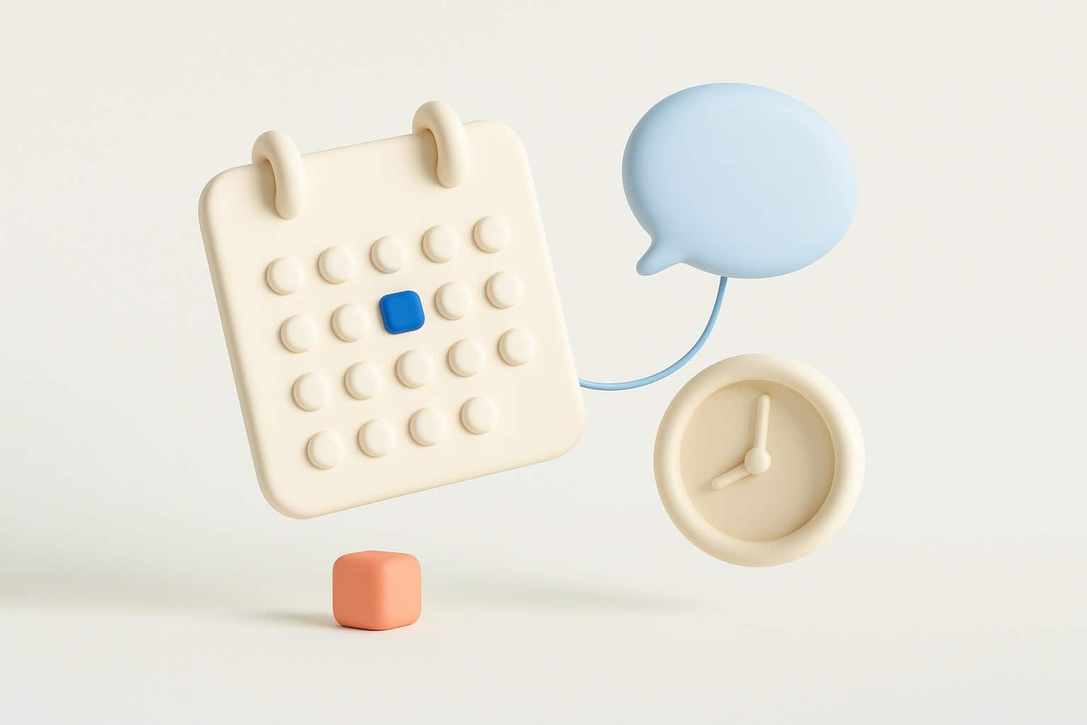 Illustration 3D d'un calendrier, d'une horloge et d'une bulle de conversation, symbolisant la prise de rendez-vous automatisée par un chatbot santé