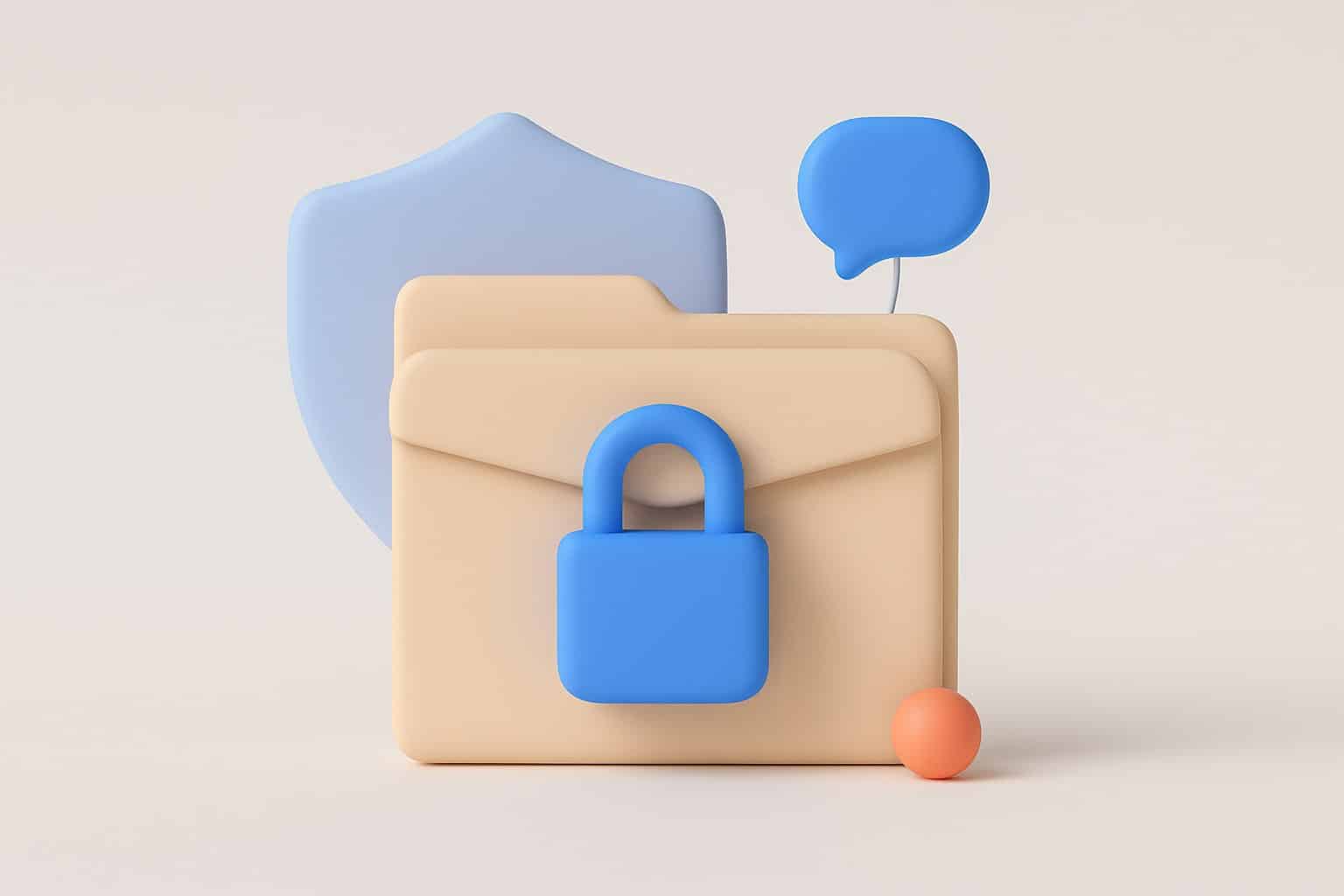 Illustration 3D d'un dossier fermé par un cadenas bleu devant un bouclier, symbolisant la protection des données de santé traitées par un chatbot