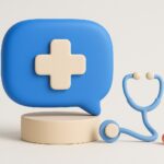 Illustration 3D d'une bulle de conversation bleue portant une croix medicale, posee sur un socle, avec un stethoscope stylise