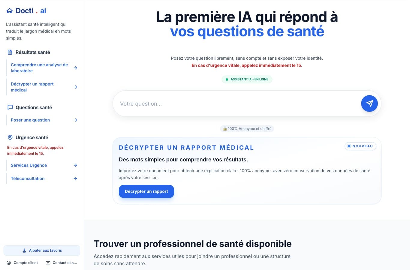 Page d'accueil de Docti.ai, assistant santé grand public qui affiche l'appel au 15 en cas d'urgence vitale et l'anonymat des échanges
