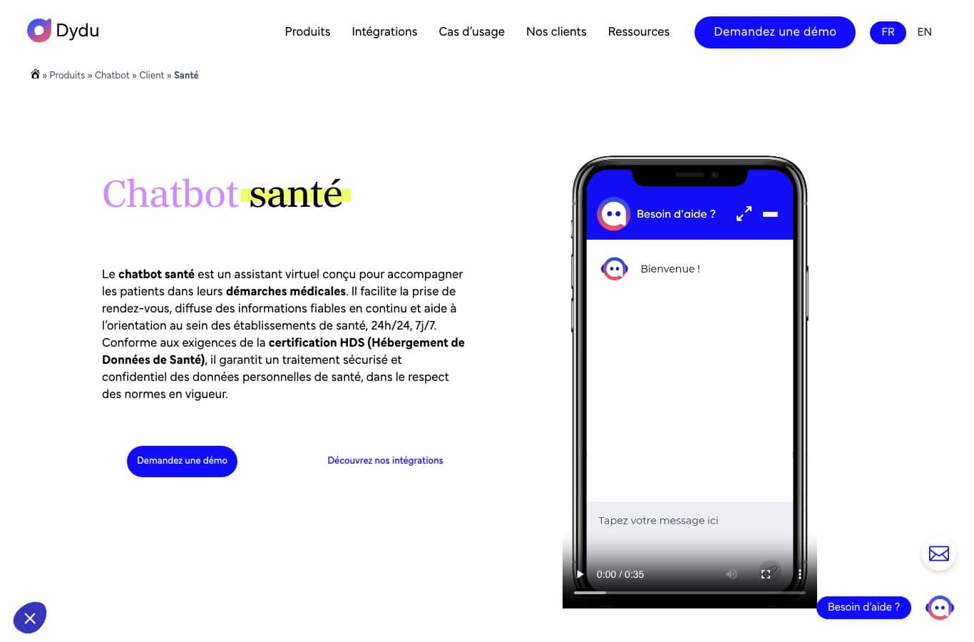 Page produit chatbot santé de l'éditeur français Dydu, mettant en avant la conformité à la certification HDS
