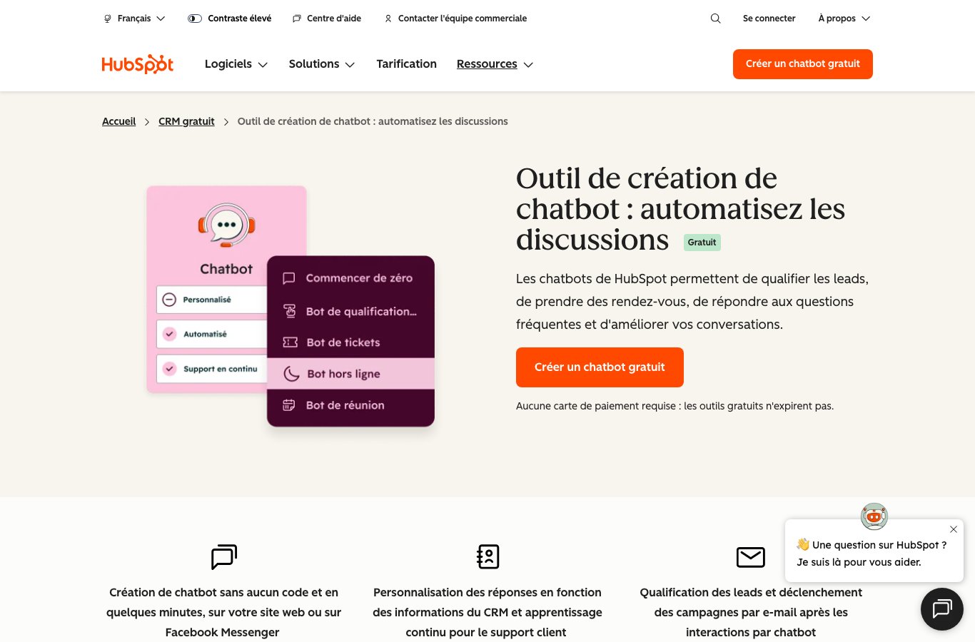 Capture d'écran de l'outil de création de chatbot HubSpot avec les modèles de bots : qualification, tickets, hors ligne, réunion