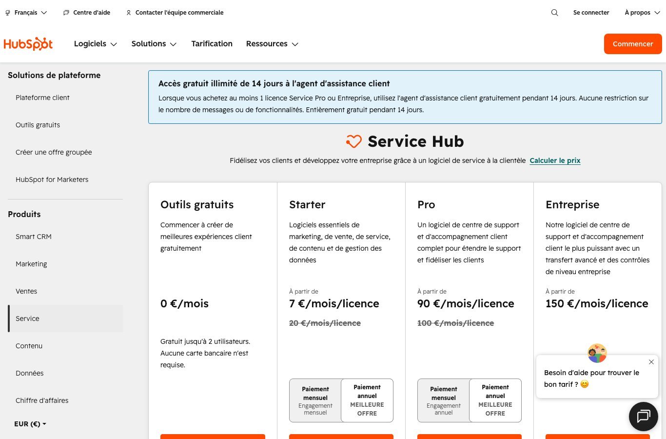 Capture d'écran des tarifs Service Hub de HubSpot : offres gratuit, Starter, Pro et Entreprise