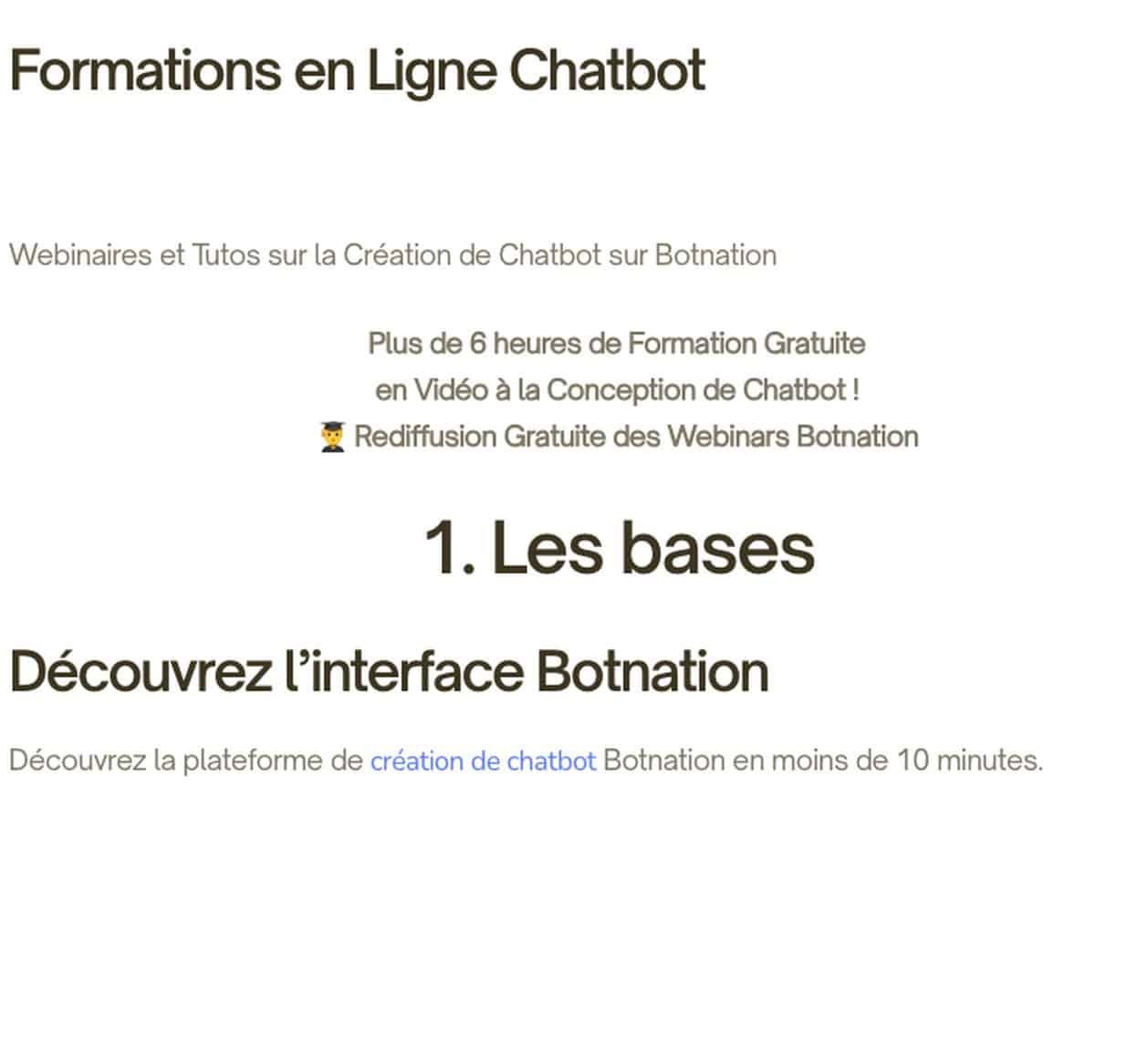 Page des formations en ligne chatbot de Botnation AI : plus de 6 heures de formation gratuite en vidéo
