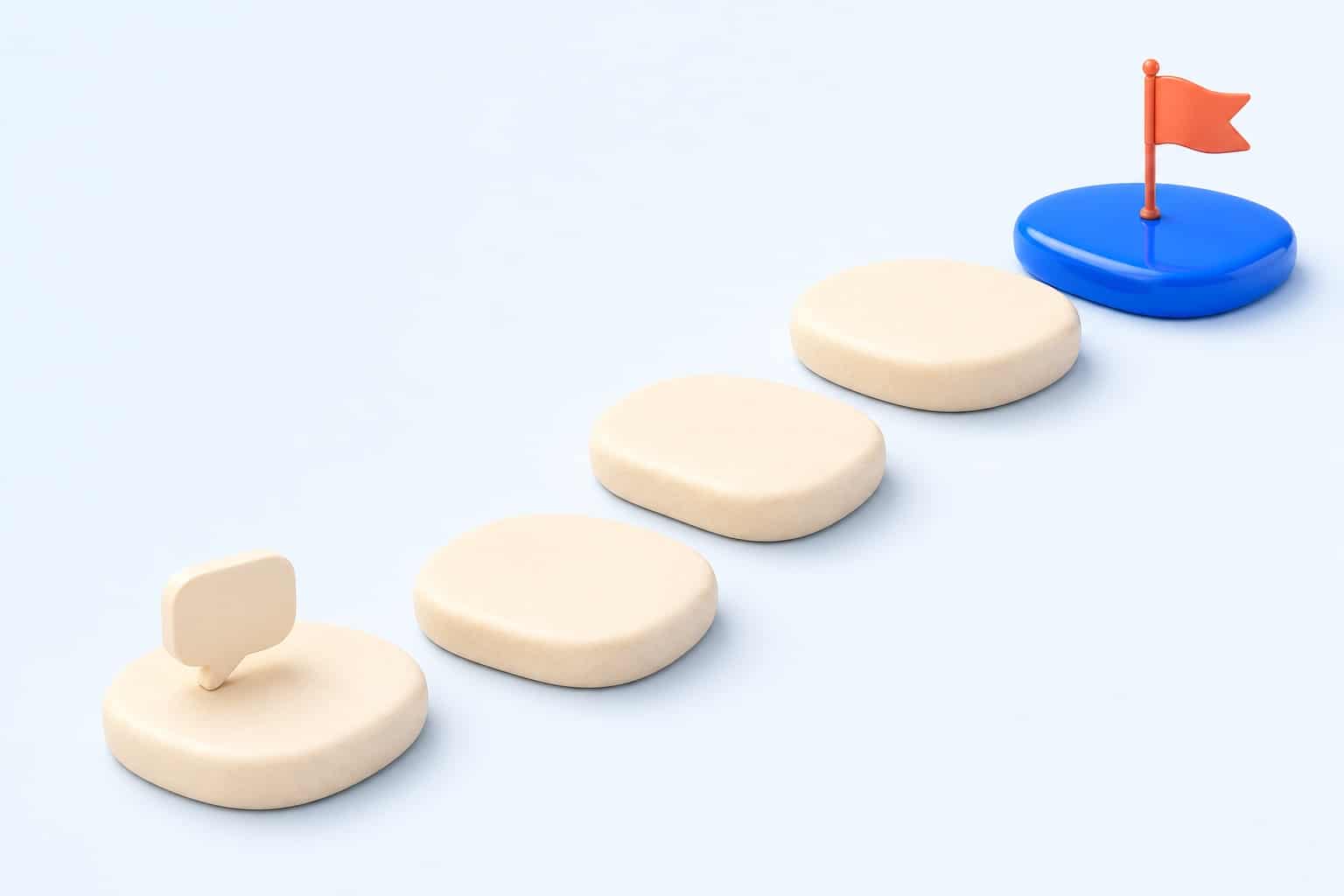Chemin d’apprentissage en cinq étapes vers un premier chatbot, illustré par des marches crème et bleues avec une bulle de discussion