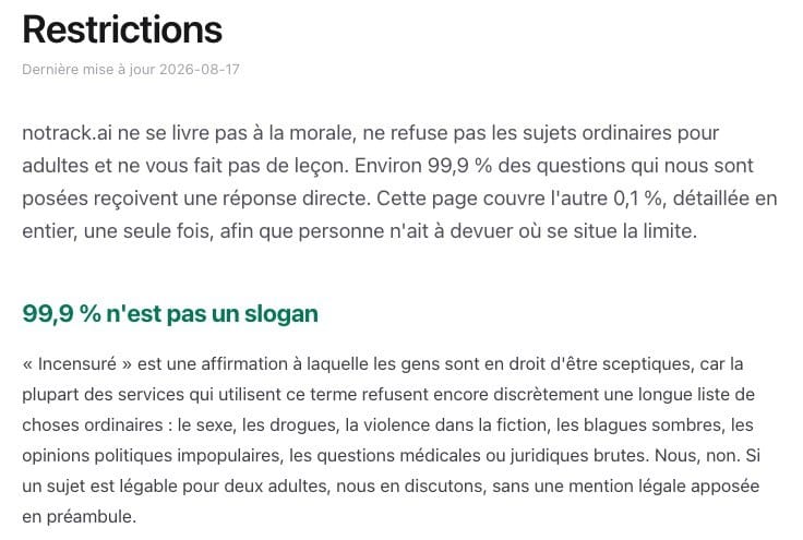 Capture de la page Restrictions de notrack.ai, mise à jour du 17 août 2026