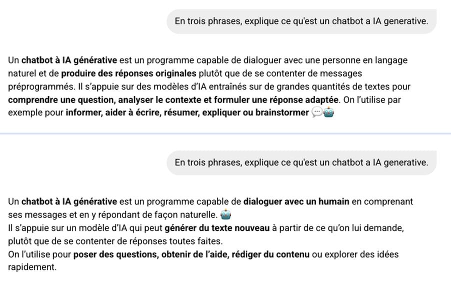 Capture d'écran de deux sessions du chatbot Nation AI : la même question posée deux fois donne deux réponses différentes