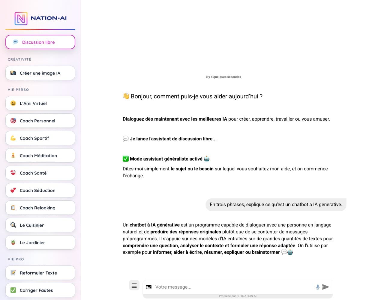 Capture d'écran de l'interface du chatbot Nation AI en français, avec la liste des assistants à gauche et la conversation à droite