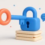 Illustration 3D d une cle coral et bleue ouvrant un cadenas pose sur une pile de tickets de support informatique