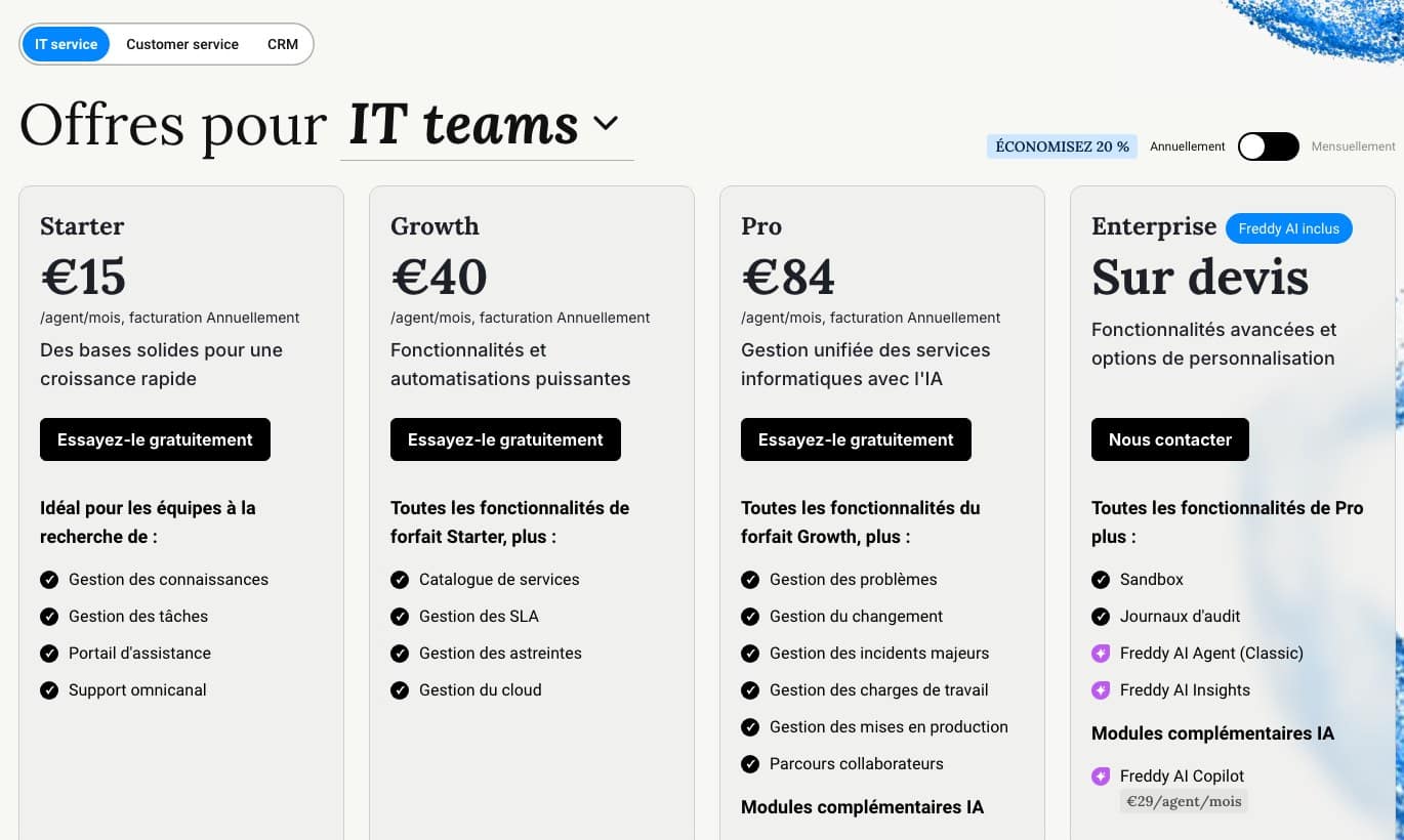 Grille tarifaire Freshservice où Freddy AI Agent Classic n’apparaît que dans l’offre Enterprise sur devis