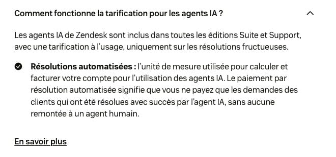Page Zendesk sur les agents IA décrivant une tarification à l’usage sur les résolutions fructueuses