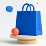 Illustration 3D : sac de courses bleu posé sur un plateau de balance, petite bulle de chat en retrait