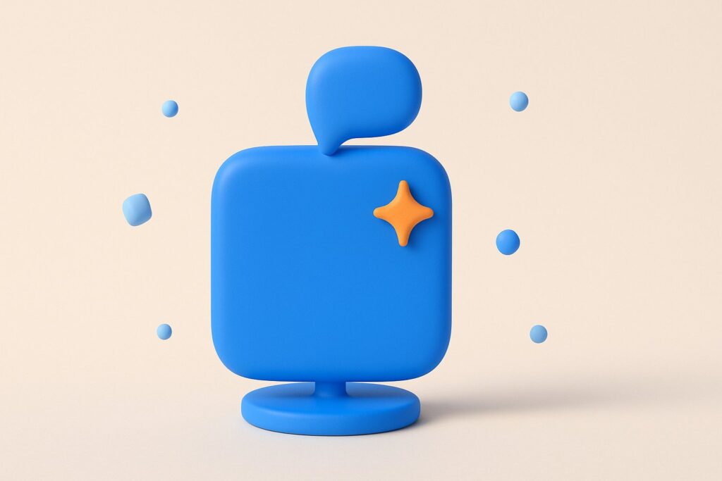 Illustration 3D d une icone d application chatbot bleue avec une bulle de conversation