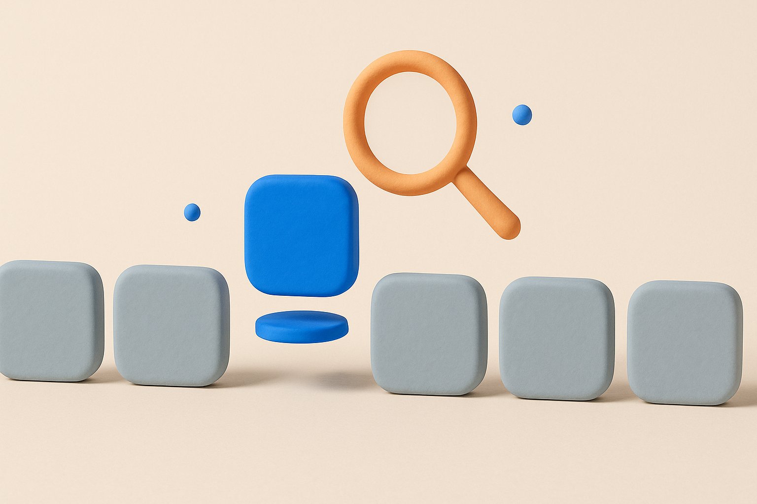 Rangee de tuiles d applications grises et une tuile bleue mise en avant sous une loupe