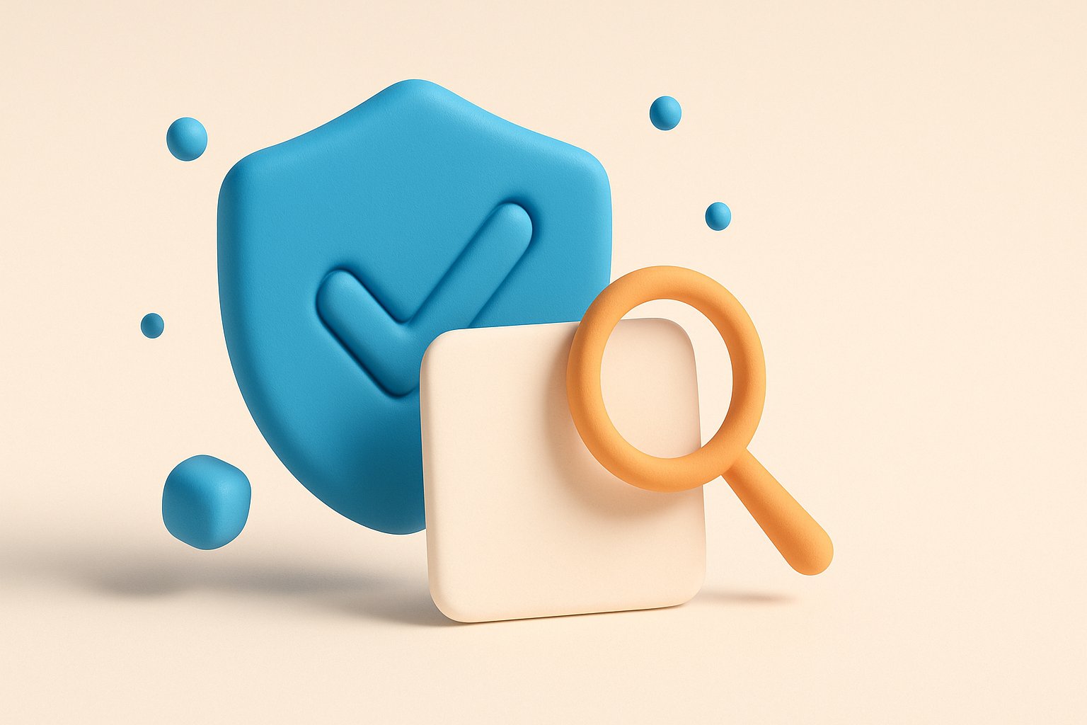 Bouclier bleu a coche, fiche vierge et loupe orange symbolisant la verification d un editeur d application