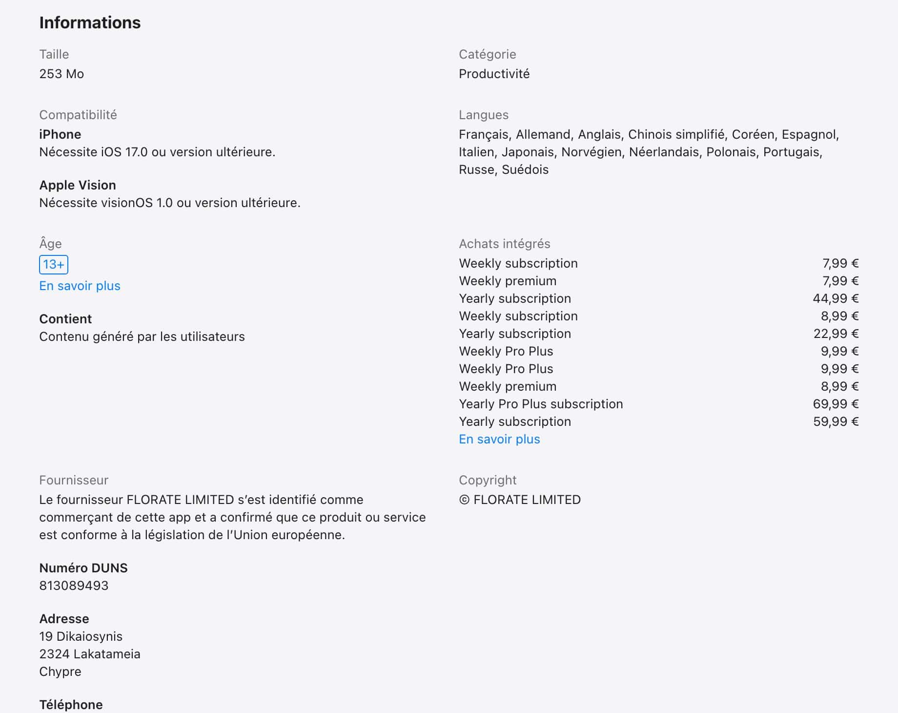 Capture de la fiche App Store de ChatBox montrant dix achats integres et le fournisseur FLORATE LIMITED a Chypre