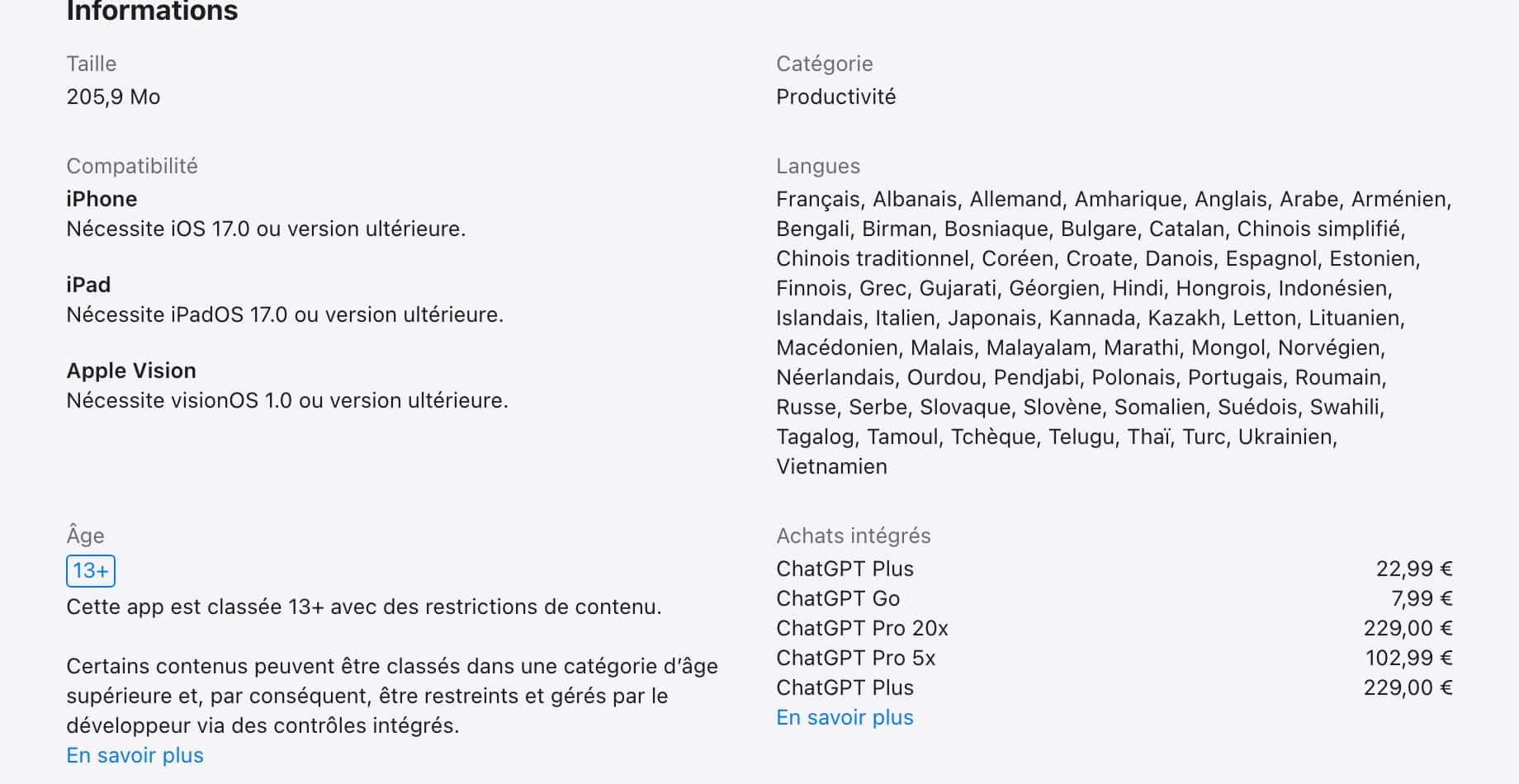 Capture de la fiche App Store de ChatGPT montrant les achats integres Go Plus et Pro