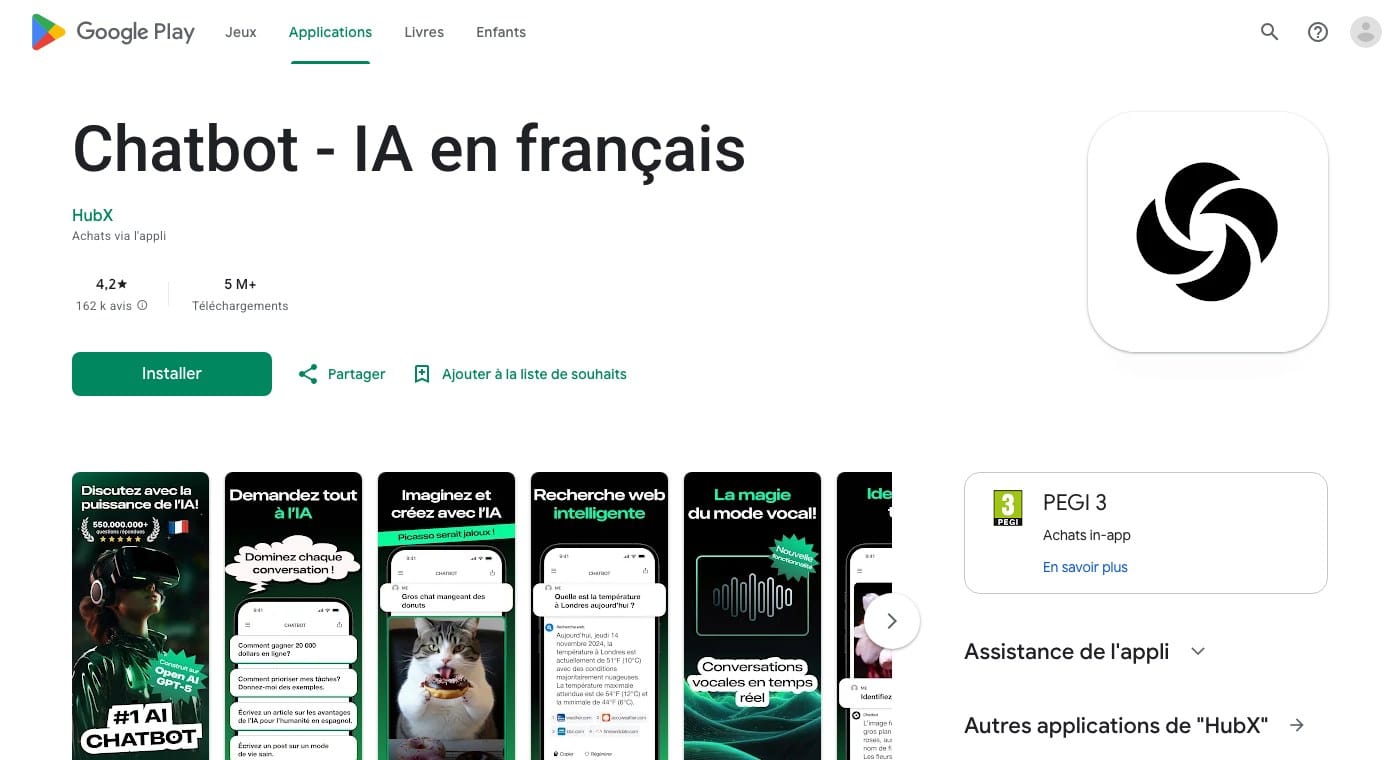 Capture Google Play de l application Chatbot IA en francais editee par HubX avec 4,2 etoiles et 162 k avis