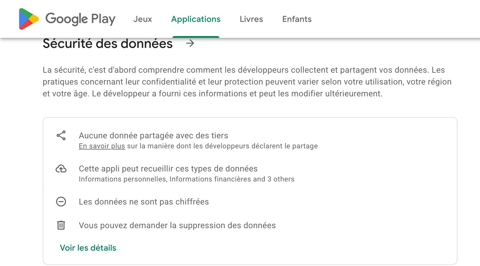 Capture Google Play du bloc securite des donnees indiquant que les donnees ne sont pas chiffrees