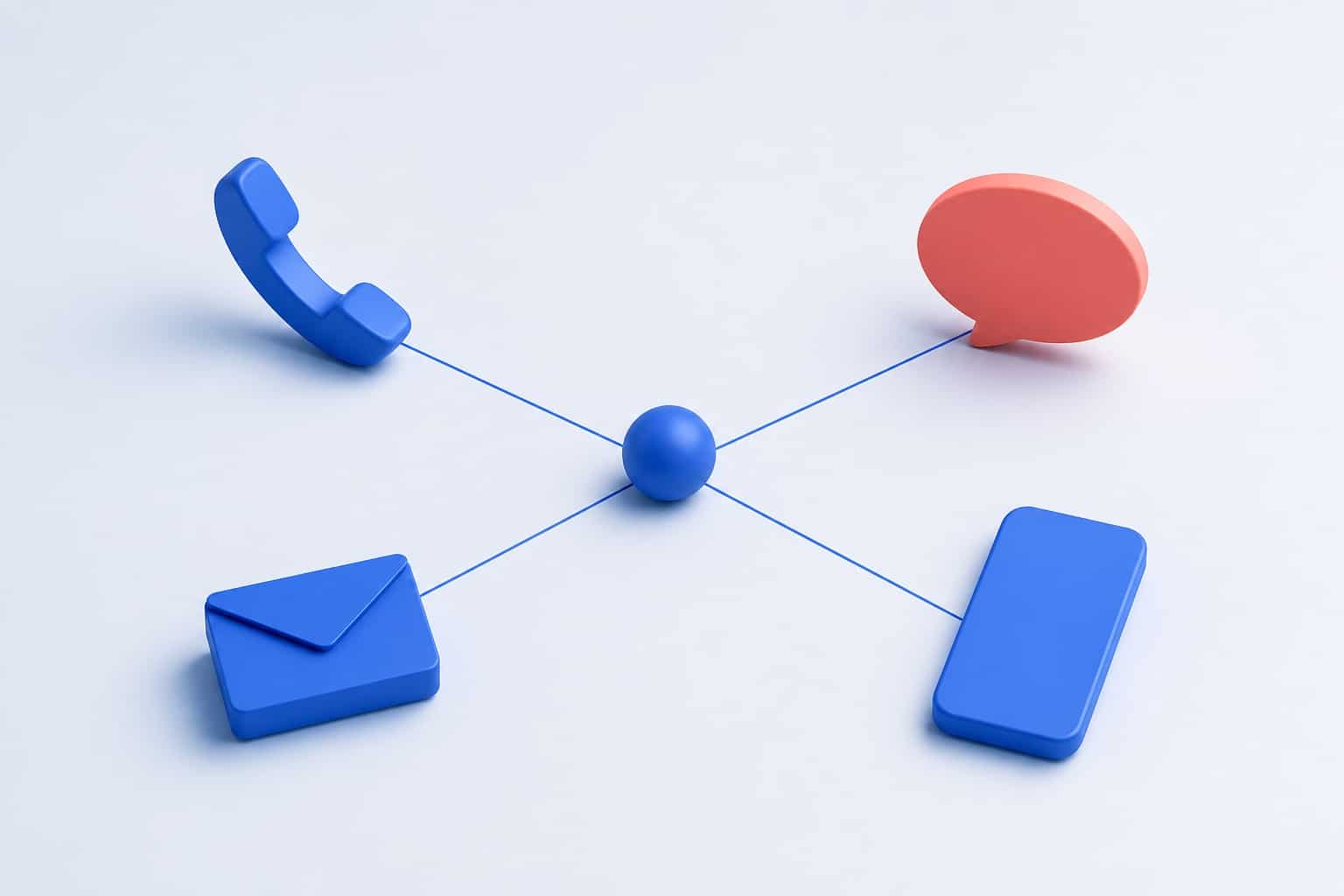 Sphère bleue reliée par des fils fins à quatre canaux de communication en 3D : téléphone, chat, enveloppe et mobile, dont un canal corail