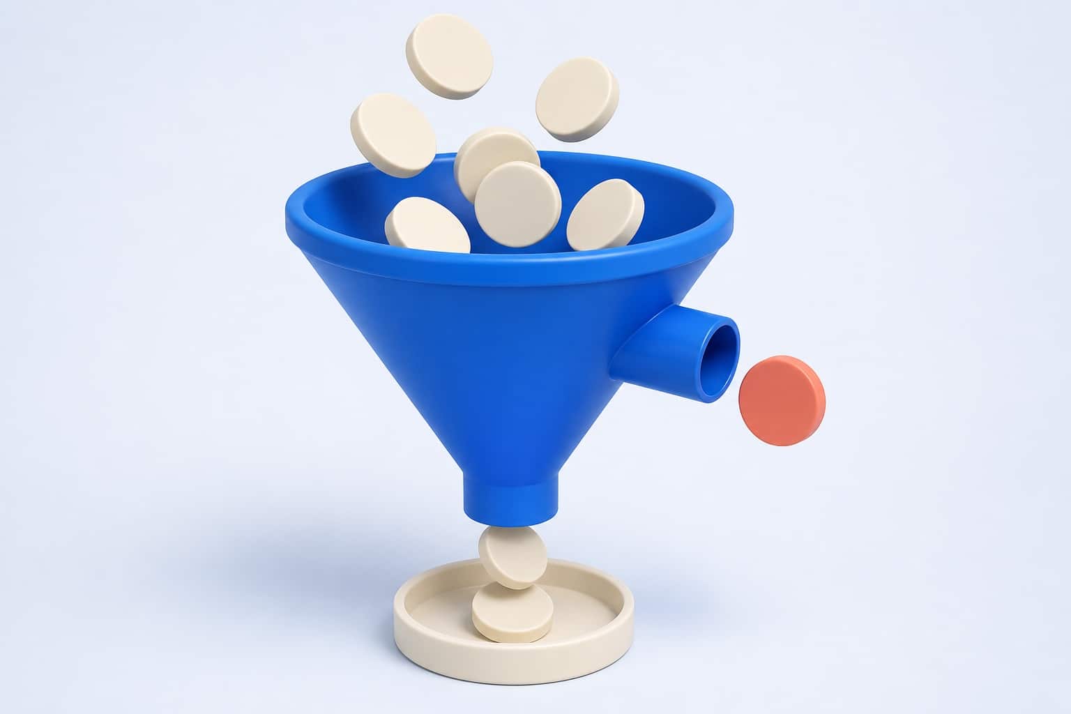 Entonnoir bleu 3D dans lequel entrent des disques crème, dont un seul ressort en corail, illustration du tri des contacts d’un centre d’appels