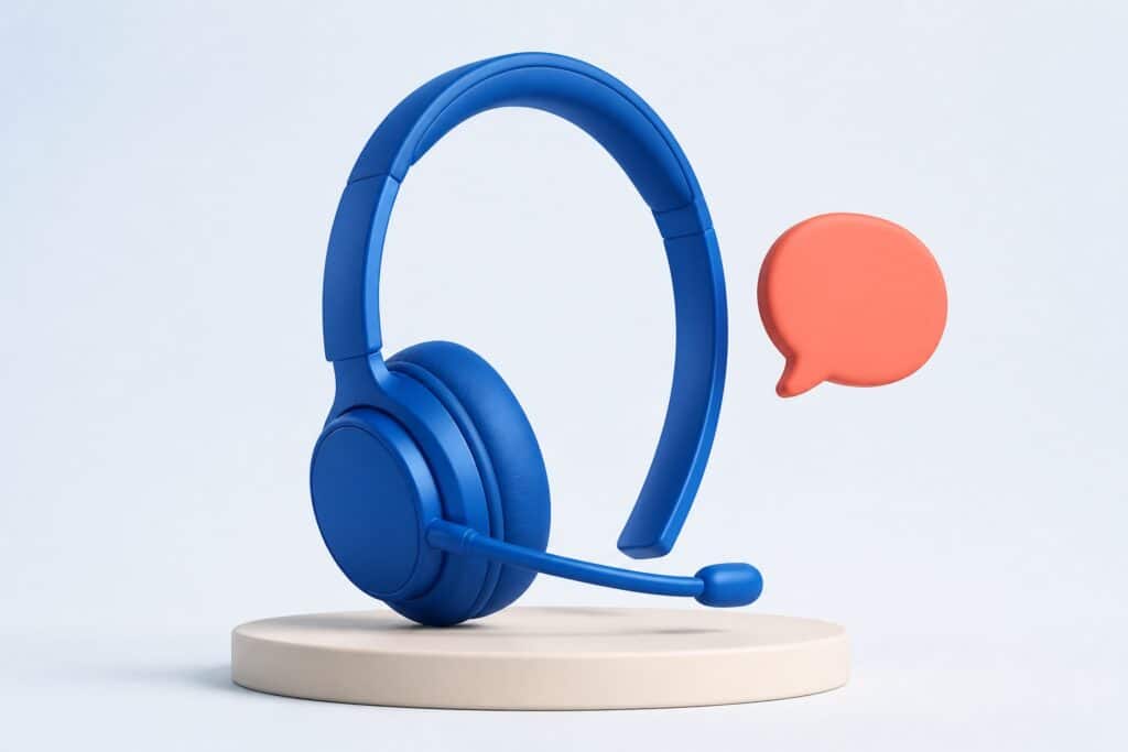 Casque de centre d'appels bleu 3D avec bulle de conversation corail, symbole du chatbot call center