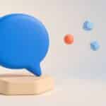 Bulle de conversation bleue posee sur un socle hexagonal creme, illustration 3D
