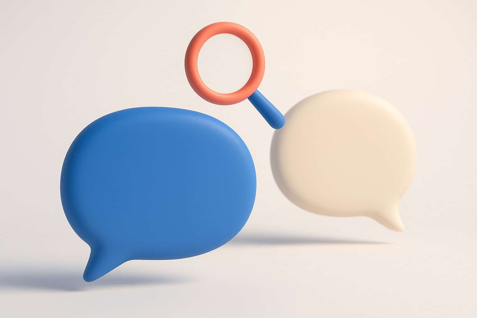 Deux bulles de conversation identiques, l'une bleue au premier plan et l'autre crème en arrière-plan, observées à la loupe