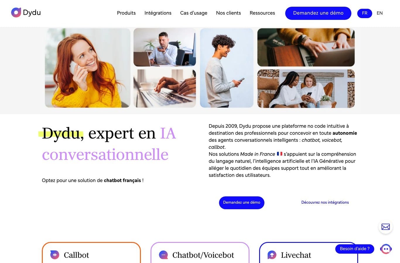 Page d'accueil de Dydu affichant Depuis 2009 et la mention Nos solutions Made in France