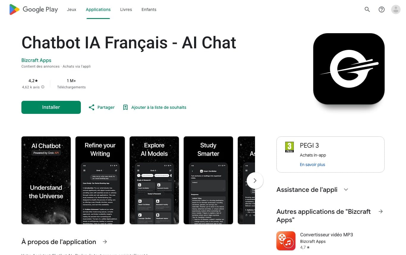 Fiche Play Store de l'application Chatbot IA Français publiée par Bizcraft Apps, avec la mention Powered by Grok API sur les captures