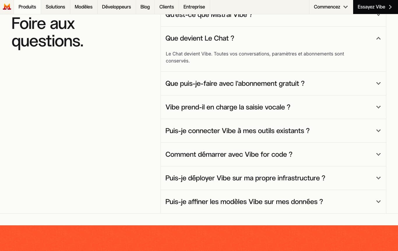 Foire aux questions de Mistral : la réponse à la question Que devient Le Chat indique que Le Chat devient Vibe