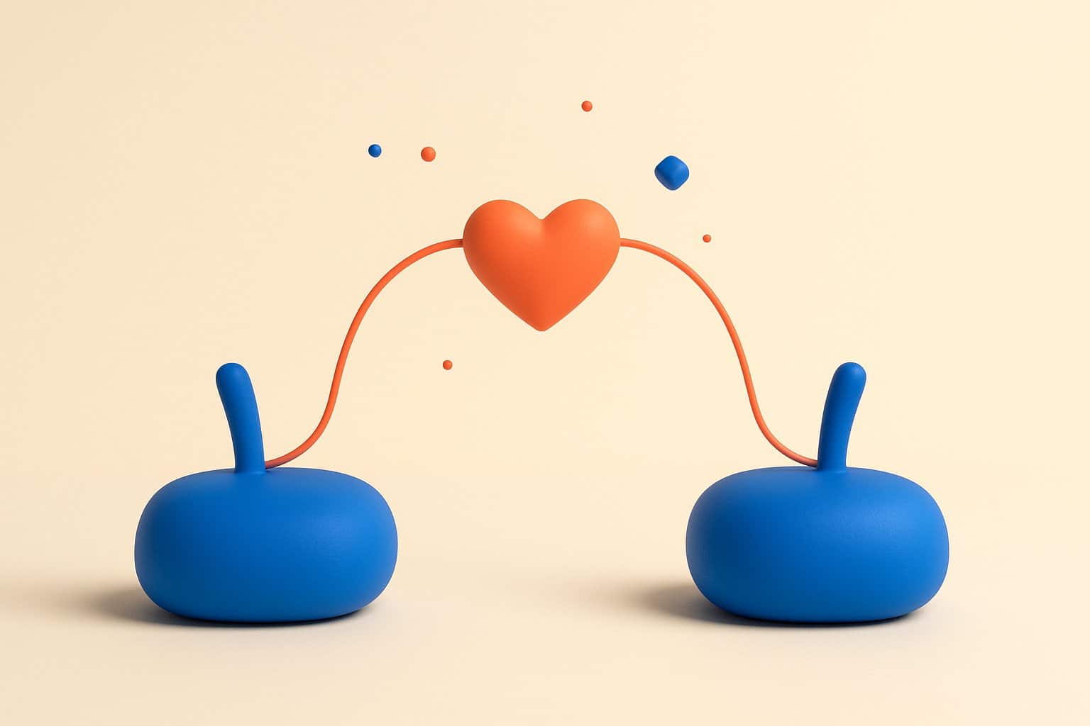 Deux petits assistants conversationnels bleus se faisant face, reliés par un fil corail à un cœur, illustration du dating entre intelligences artificielles
