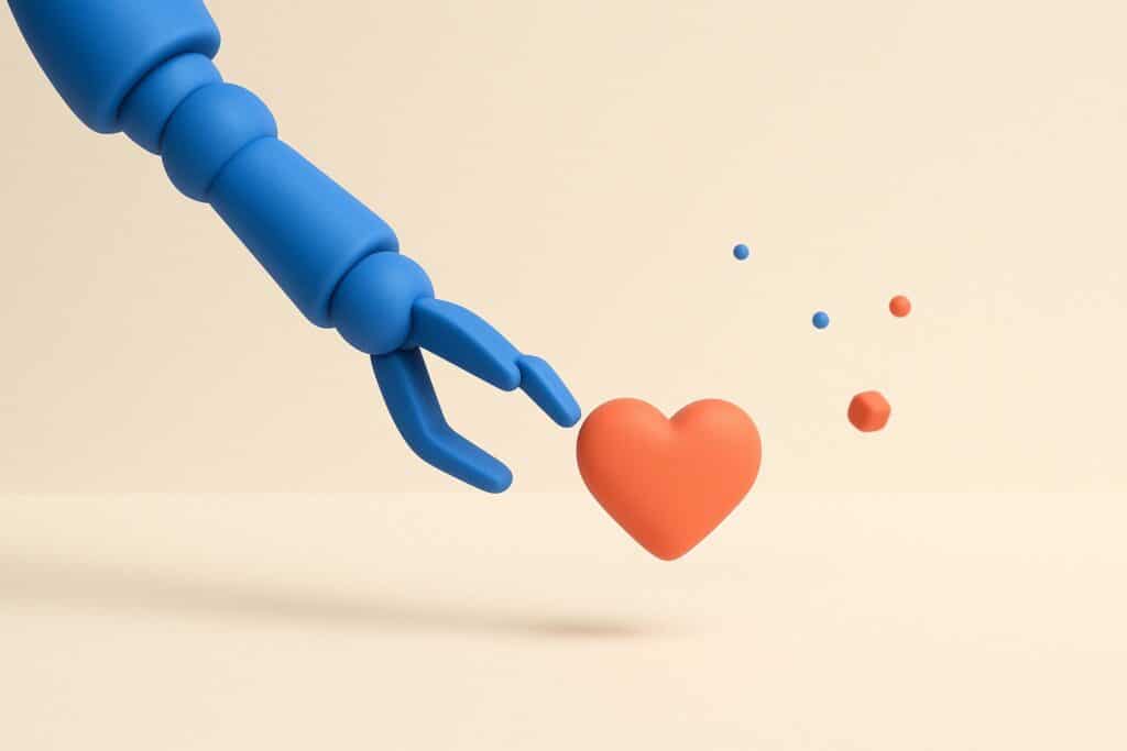 Bras robotise bleu tendant un coeur corail, illustration de la delegation des messages de drague a un chatbot