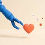Bras robotise bleu tendant un coeur corail, illustration de la delegation des messages de drague a un chatbot