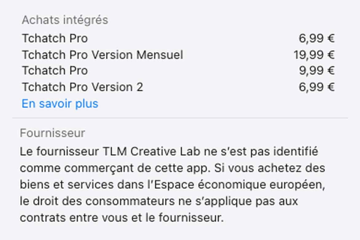 Fiche App Store de l'application Pecho : achats intégrés à 6,99, 9,99 et 19,99 euros et mention du fournisseur non identifié comme commerçant