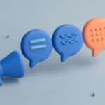 Illustration 3D : un embout bleu d'où sortent trois bulles de dialogue au contenu différent, dont une corail