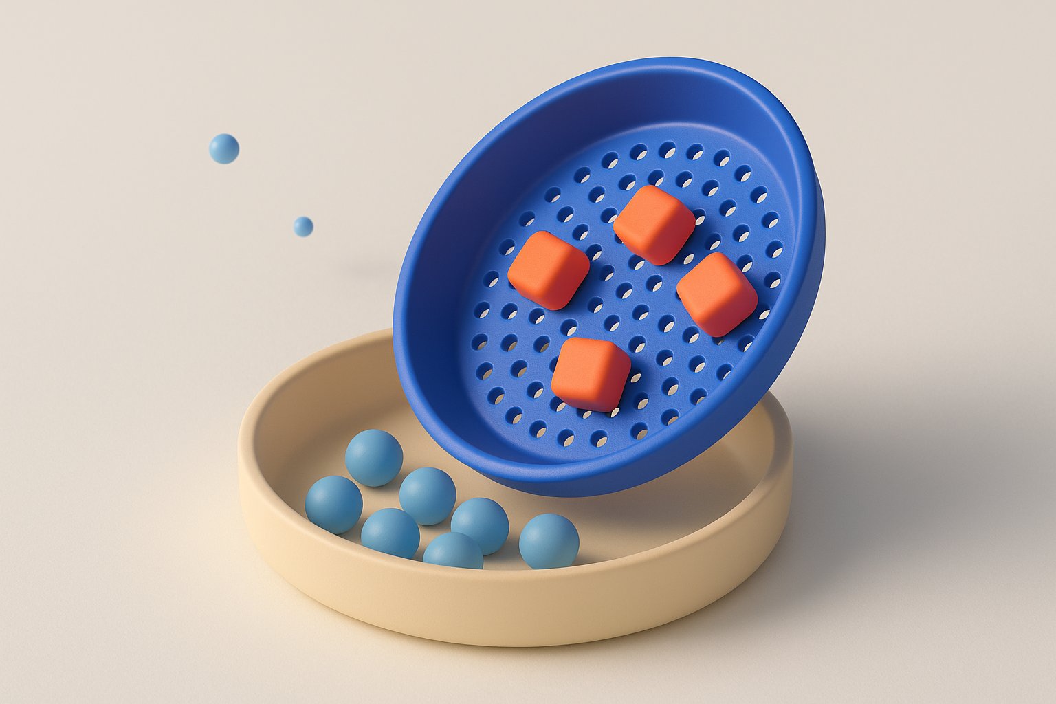 Illustration 3D : un tamis bleu retient quatre blocs corail au-dessus d'un plateau crème où sont tombées des billes bleues