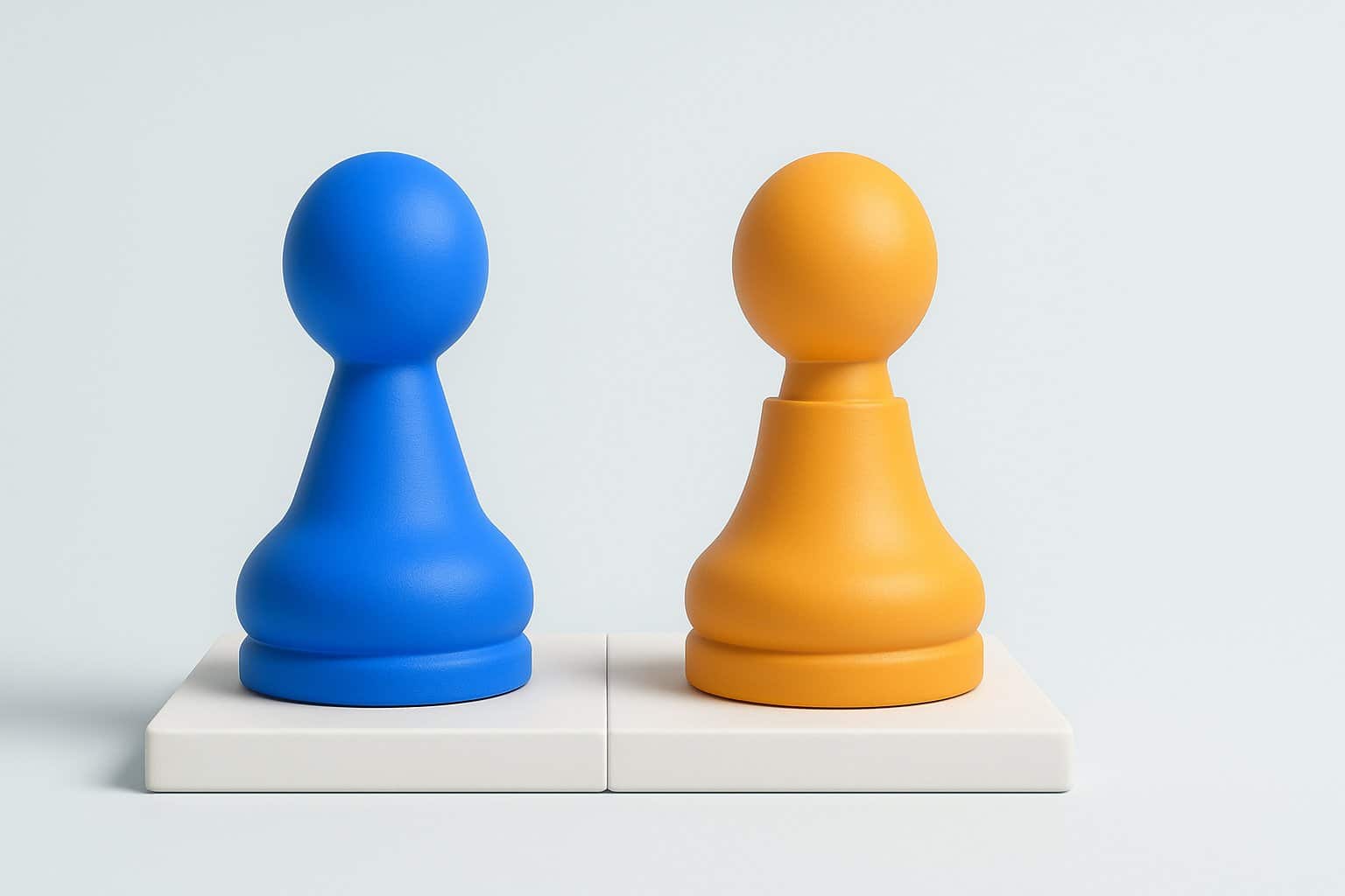 Deux pièces de jeu bleue et ambre face à face symbolisant la comparaison entre Claude et ChatGPT, illustration 3D