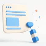 Page de site internet en 3D dont le coin est tire vers le bas par une bulle de chatbot lestee de cubes