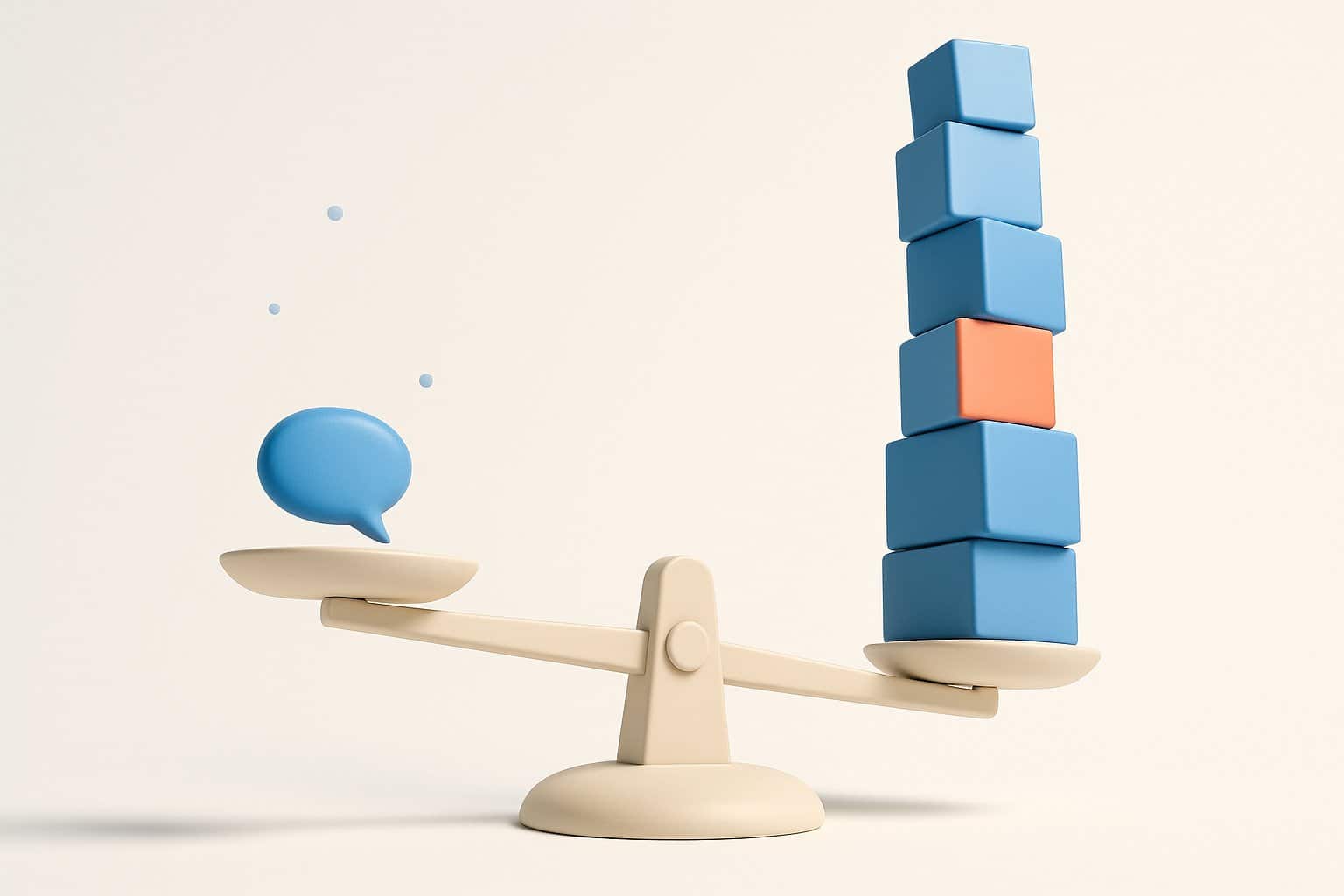 Balance 3D : une bulle de chatbot legere face a une pile de cubes bleus qui fait pencher le plateau