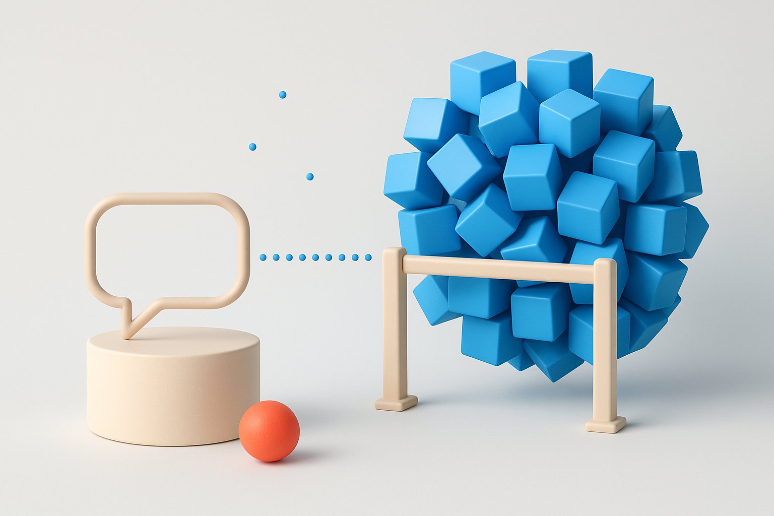 Bulle de chatbot vide posee sur un socle et amas de cubes bleus retenu derriere une barriere